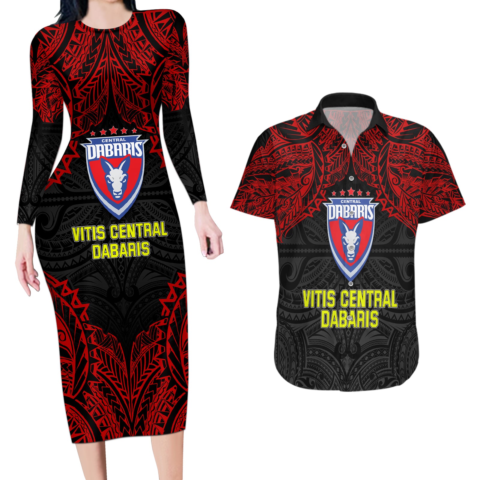 Vitis Central Dabaris Rugby Couples Matching Long Sleeve Bodycon Dress and Hawaiian Shirt Papua New Guinea Polynesian Tattoo LT03 Red - Polynesian Pride