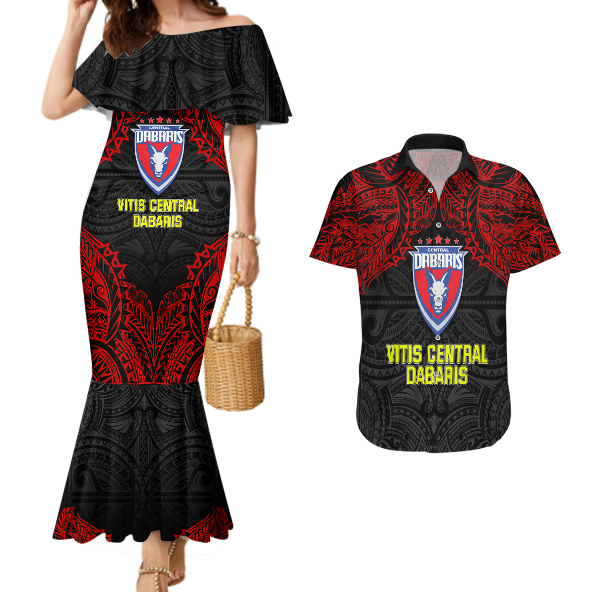 Vitis Central Dabaris Rugby Couples Matching Mermaid Dress and Hawaiian Shirt Papua New Guinea Polynesian Tattoo LT03 Red - Polynesian Pride