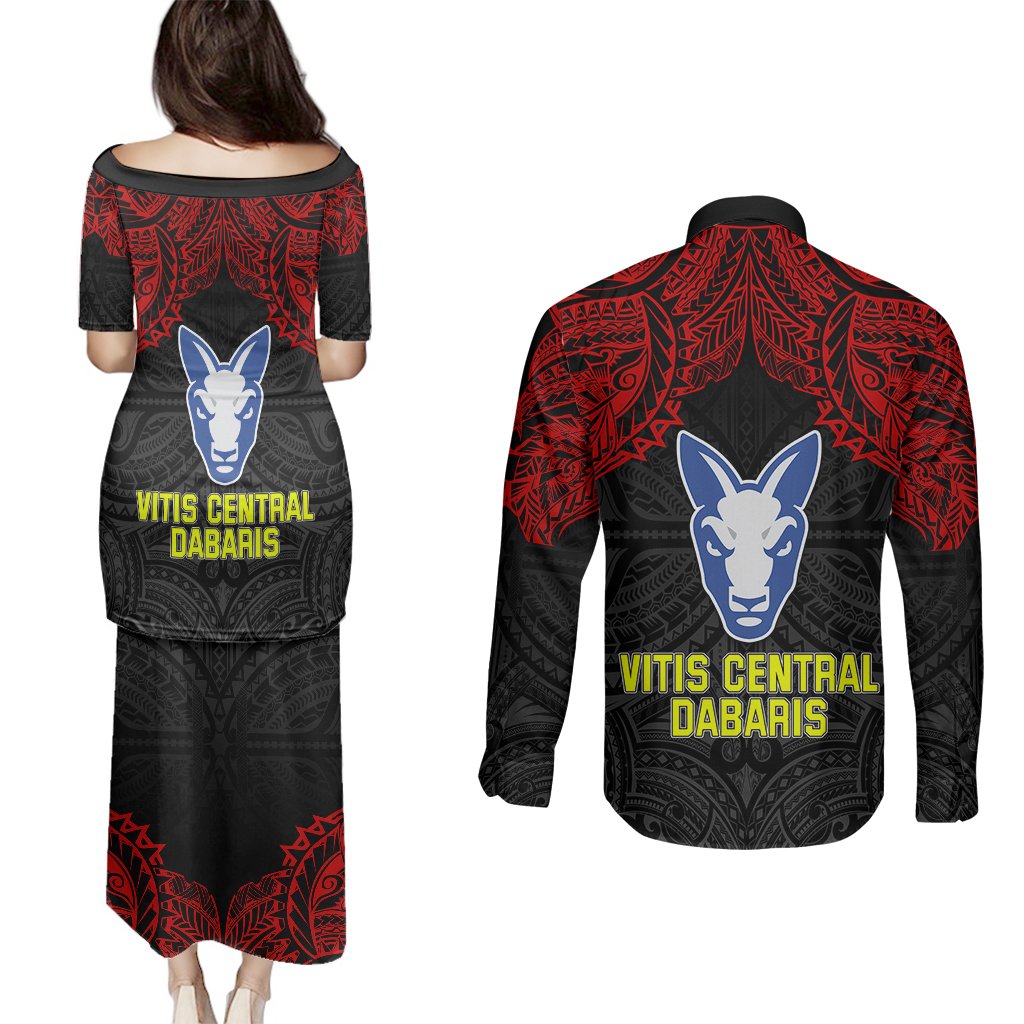 Vitis Central Dabaris Rugby Couples Matching Puletasi Dress and Long Sleeve Button Shirts Papua New Guinea Polynesian Tattoo LT03 - Polynesian Pride