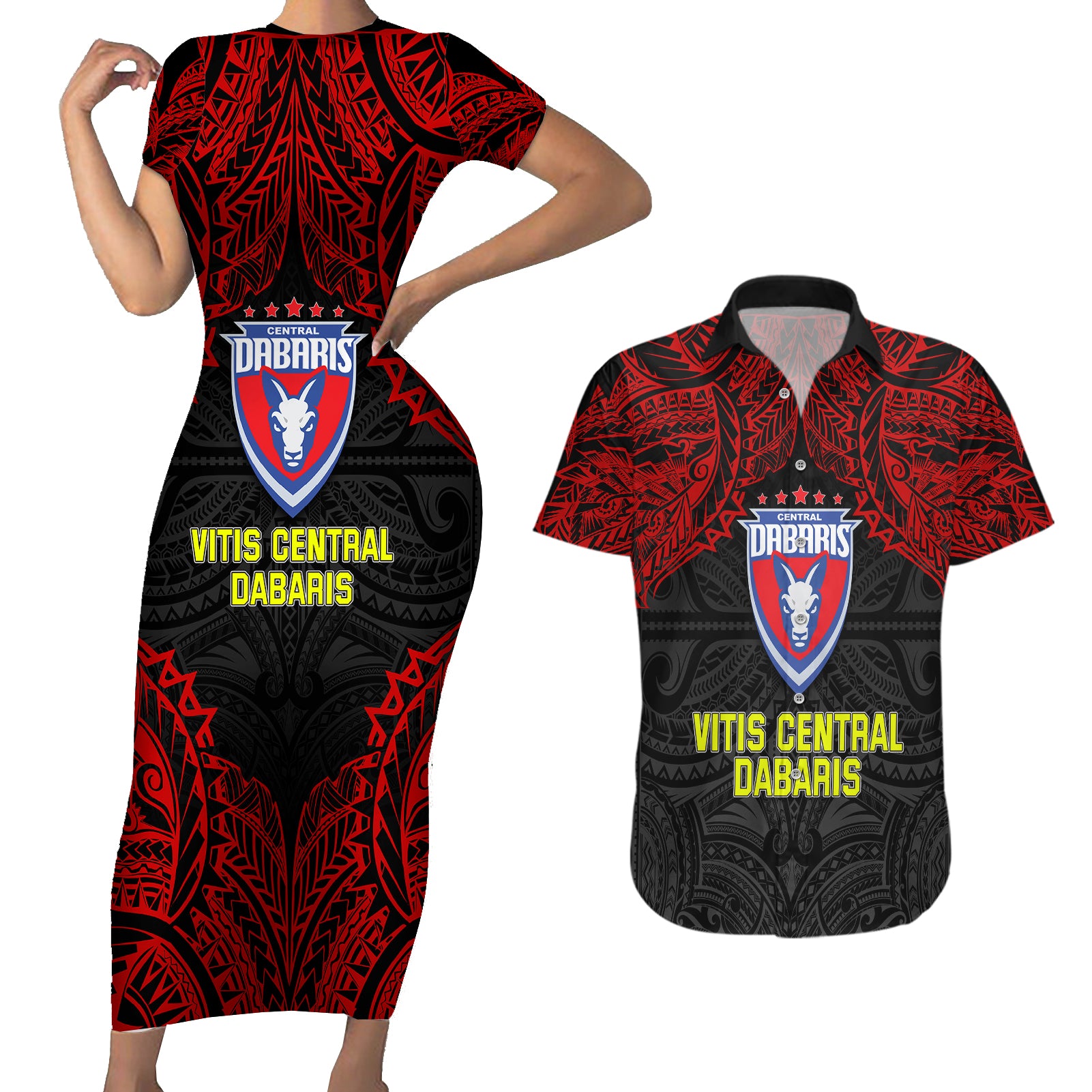 Vitis Central Dabaris Rugby Couples Matching Short Sleeve Bodycon Dress and Hawaiian Shirt Papua New Guinea Polynesian Tattoo LT03 Red - Polynesian Pride