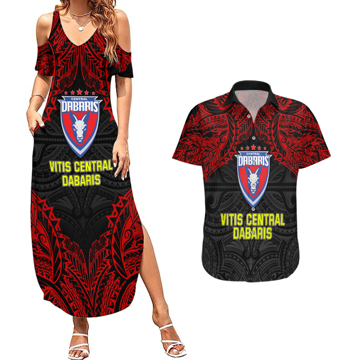 Vitis Central Dabaris Rugby Couples Matching Summer Maxi Dress and Hawaiian Shirt Papua New Guinea Polynesian Tattoo LT03 Red - Polynesian Pride