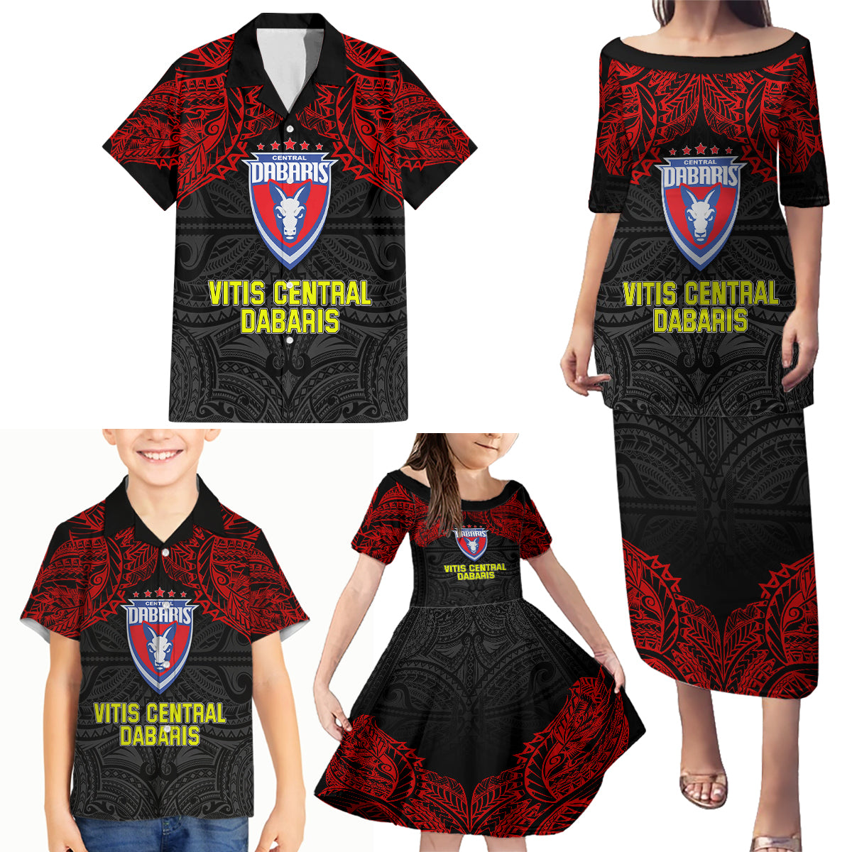 Vitis Central Dabaris Rugby Family Matching Puletasi Dress and Hawaiian Shirt Papua New Guinea Polynesian Tattoo LT03 - Polynesian Pride