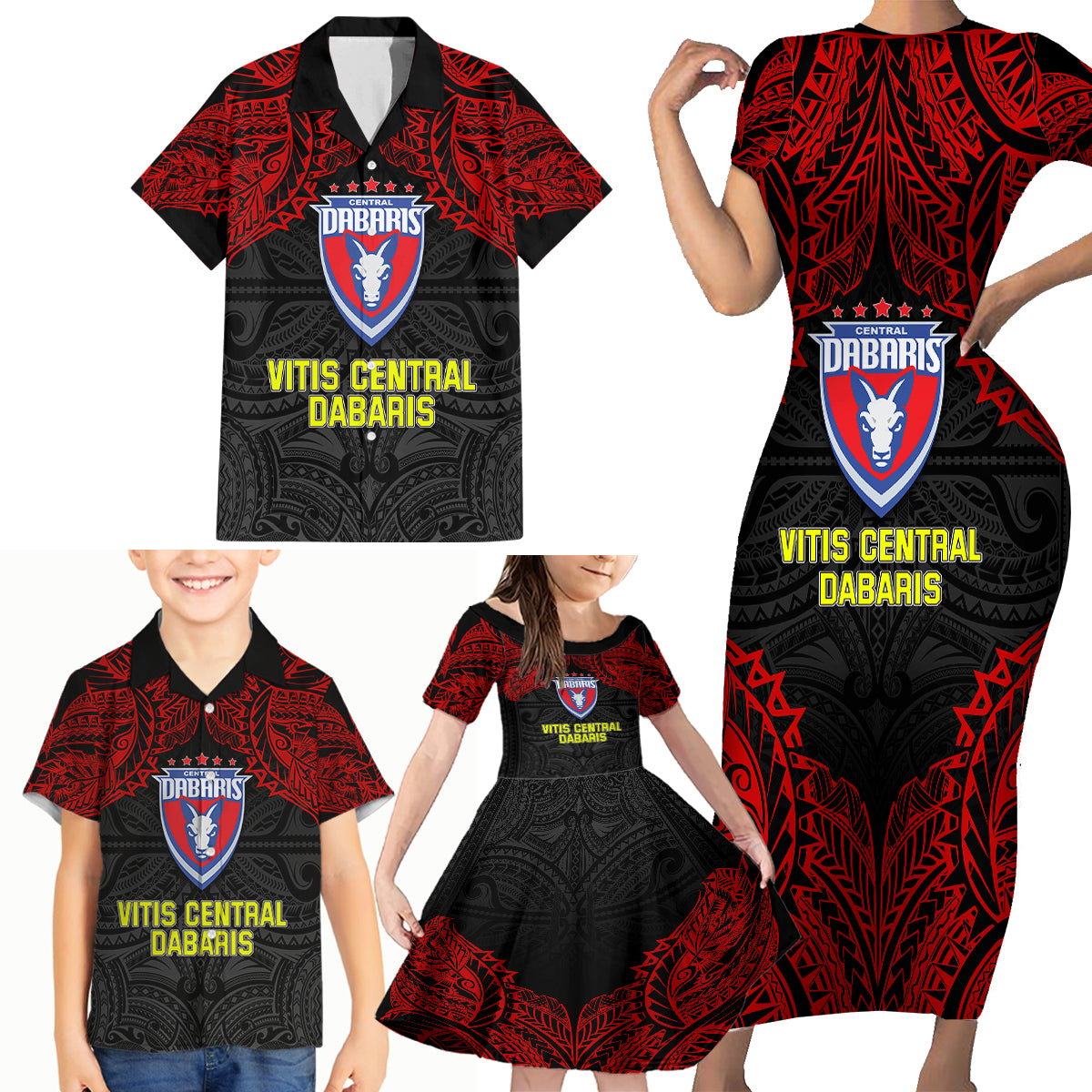 Vitis Central Dabaris Rugby Family Matching Short Sleeve Bodycon Dress and Hawaiian Shirt Papua New Guinea Polynesian Tattoo LT03 - Polynesian Pride