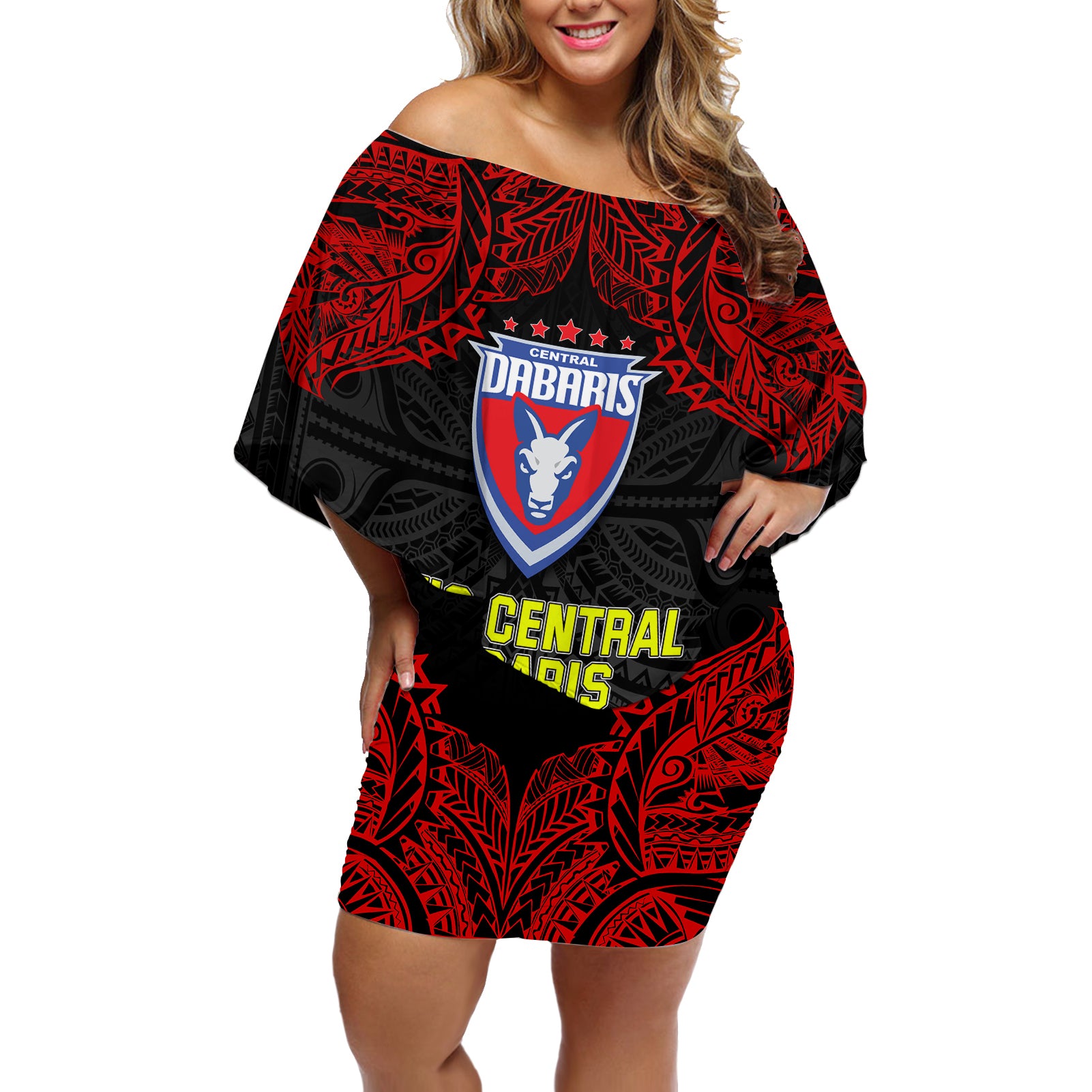 Vitis Central Dabaris Rugby Off Shoulder Short Dress Papua New Guinea Polynesian Tattoo LT03 Women Red - Polynesian Pride