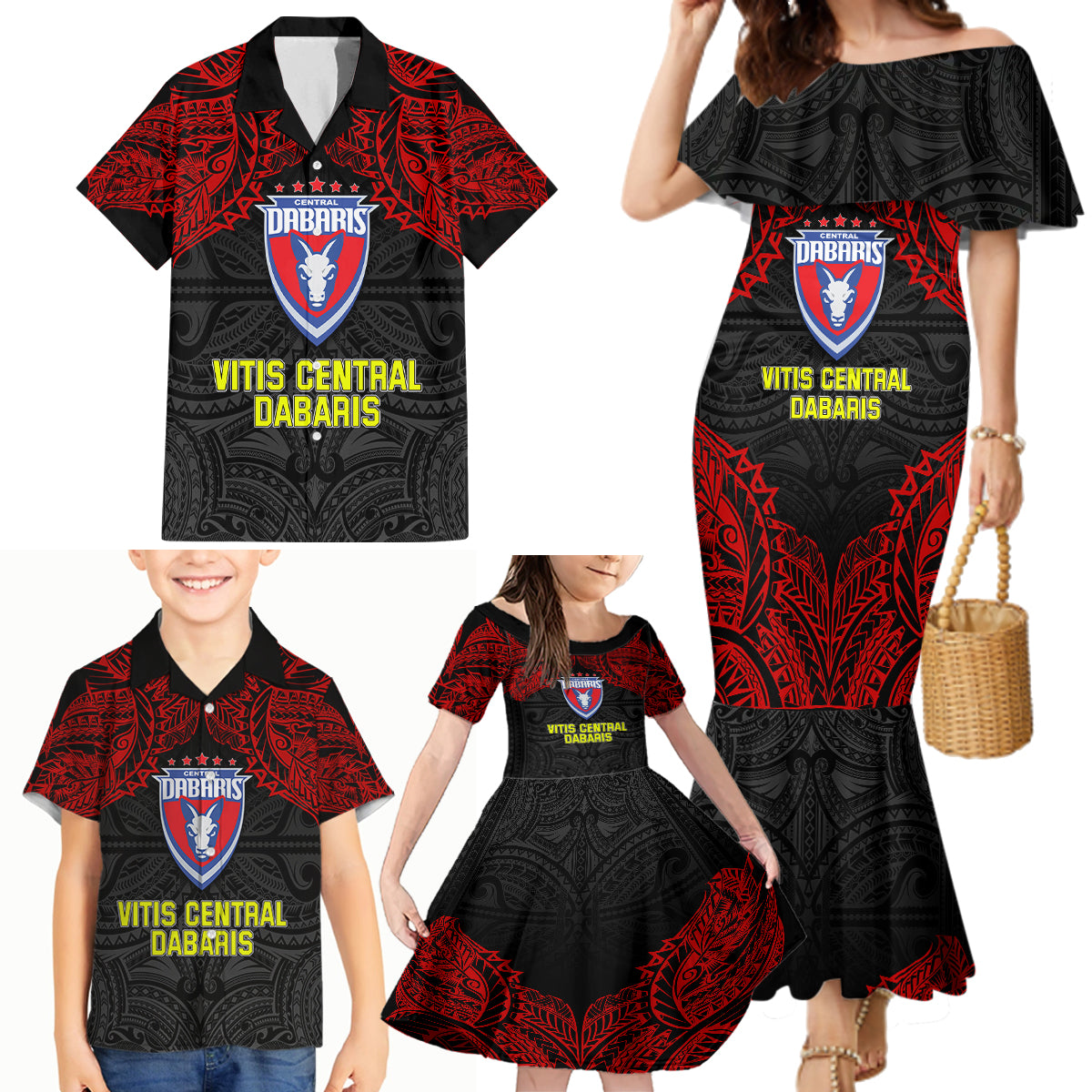 Custom Vitis Central Dabaris Rugby Family Matching Mermaid Dress and Hawaiian Shirt Papua New Guinea Polynesian Tattoo LT03 - Polynesian Pride