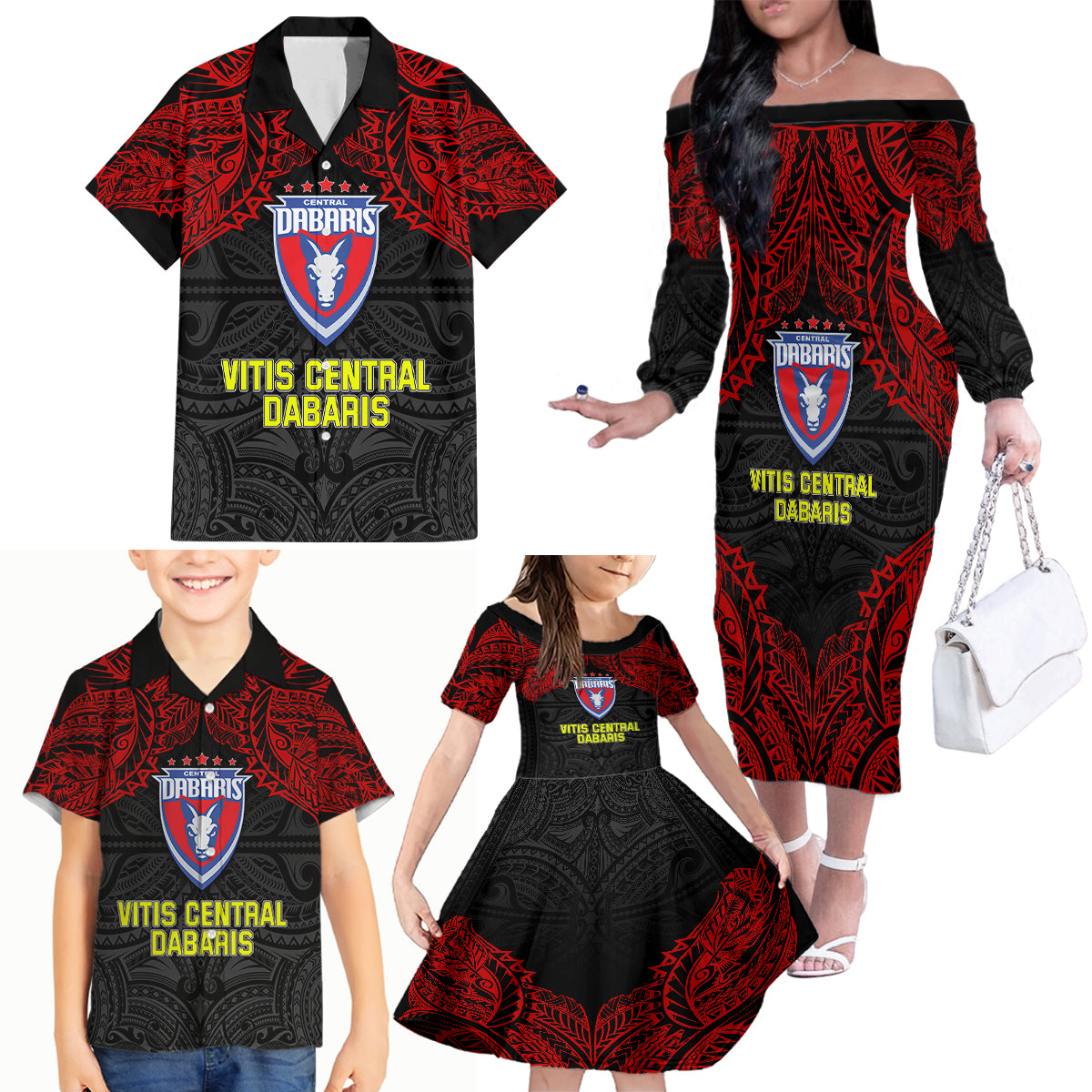 Custom Vitis Central Dabaris Rugby Family Matching Off Shoulder Long Sleeve Dress and Hawaiian Shirt Papua New Guinea Polynesian Tattoo LT03 - Polynesian Pride