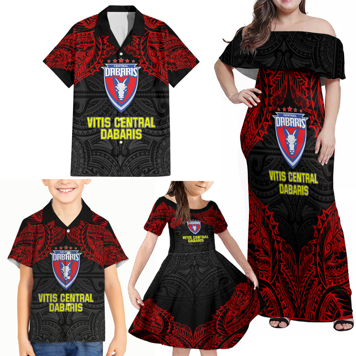 Custom Vitis Central Dabaris Rugby Family Matching Off Shoulder Maxi Dress and Hawaiian Shirt Papua New Guinea Polynesian Tattoo LT03 - Polynesian Pride