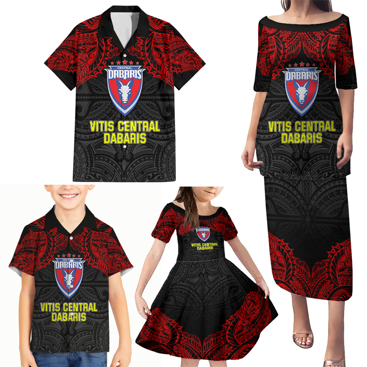 Custom Vitis Central Dabaris Rugby Family Matching Puletasi Dress and Hawaiian Shirt Papua New Guinea Polynesian Tattoo LT03 - Polynesian Pride