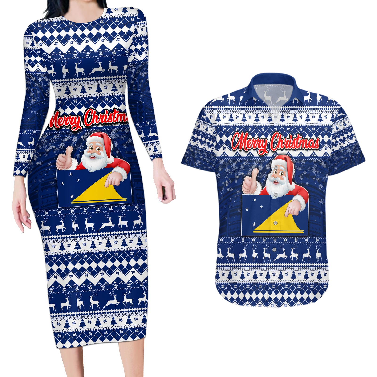 Tokelau Christmas Couples Matching Long Sleeve Bodycon Dress and Hawaiian Shirt Santa Claus Tokelau Flag and Coat of Arms with Polynesian Pattern LT03 Blue - Polynesian Pride