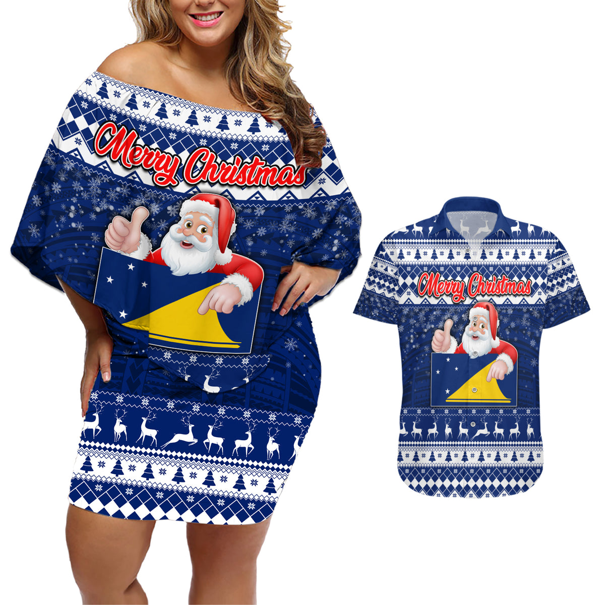 Tokelau Christmas Couples Matching Off Shoulder Short Dress and Hawaiian Shirt Santa Claus Tokelau Flag and Coat of Arms with Polynesian Pattern LT03 Blue - Polynesian Pride