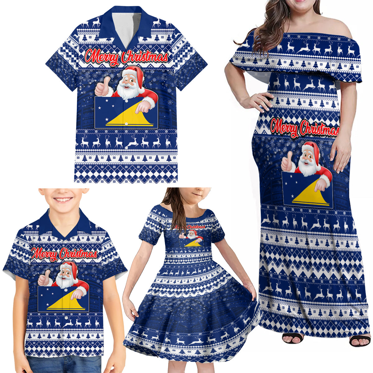 Tokelau Christmas Family Matching Off Shoulder Maxi Dress and Hawaiian Shirt Santa Claus Tokelau Flag and Coat of Arms with Polynesian Pattern LT03 - Polynesian Pride