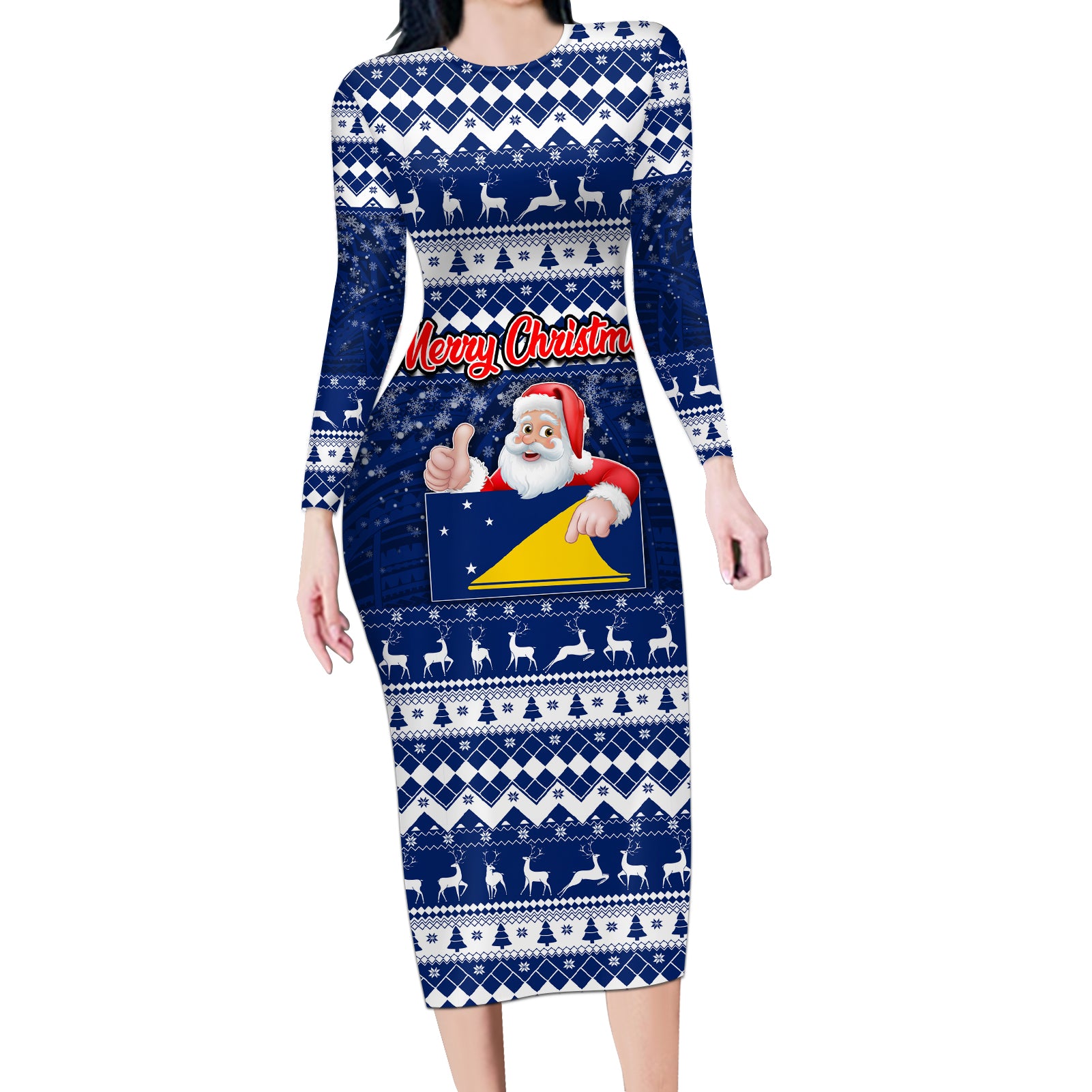 Tokelau Christmas Long Sleeve Bodycon Dress Santa Claus Tokelau Flag and Coat of Arms with Polynesian Pattern LT03 Long Dress Blue - Polynesian Pride