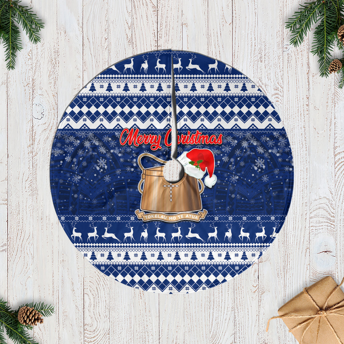 Tokelau Christmas Tree Skirt Santa Claus Tokelau Flag and Coat of Arms with Polynesian Pattern LT03 Blue - Polynesian Pride