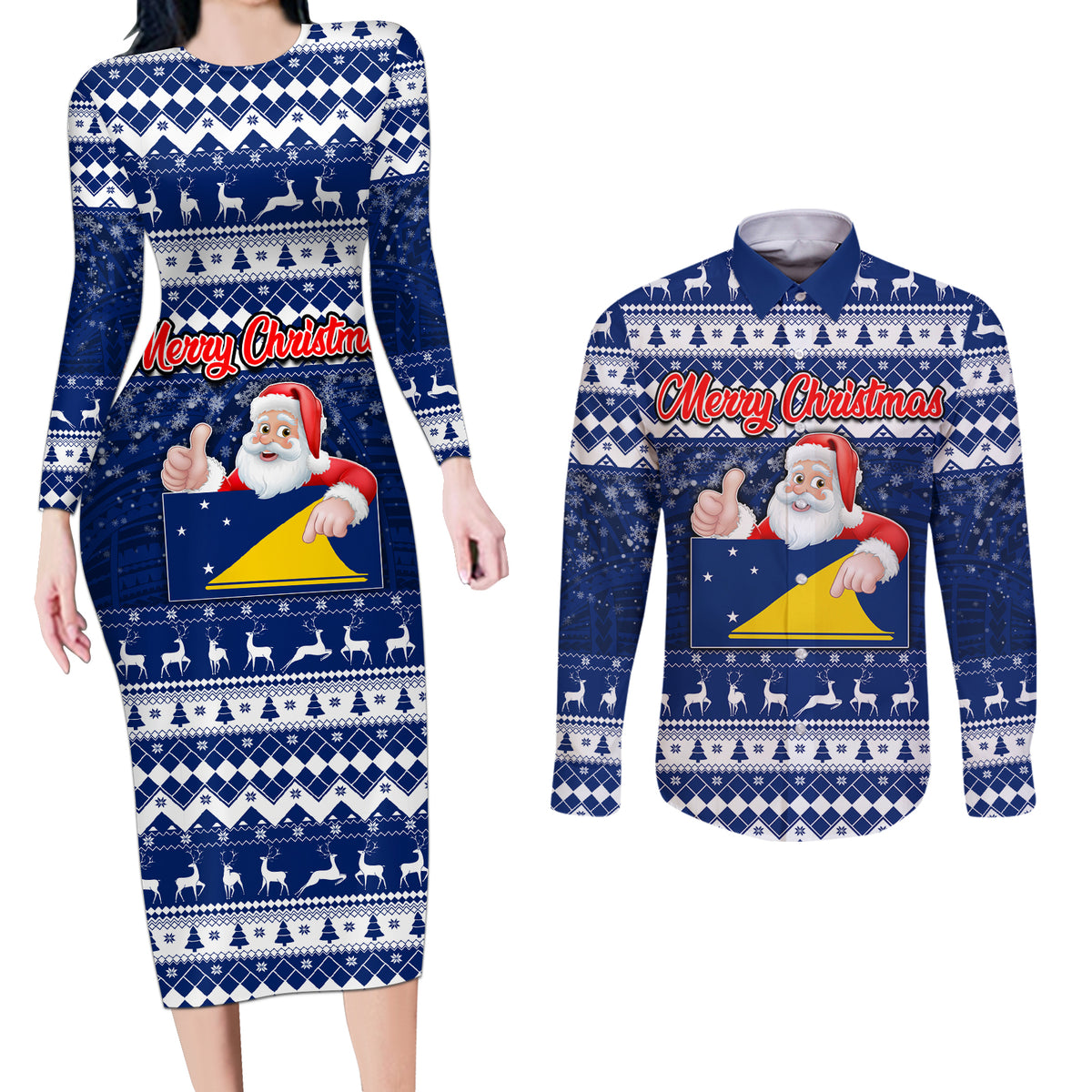 Personalised Tokelau Christmas Couples Matching Long Sleeve Bodycon Dress and Long Sleeve Button Shirt Santa Claus Tokelau Flag and Coat of Arms with Polynesian Pattern LT03 Blue - Polynesian Pride