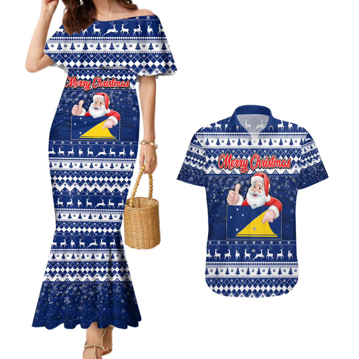 Personalised Tokelau Christmas Couples Matching Mermaid Dress and Hawaiian Shirt Santa Claus Tokelau Flag and Coat of Arms with Polynesian Pattern LT03 Blue - Polynesian Pride