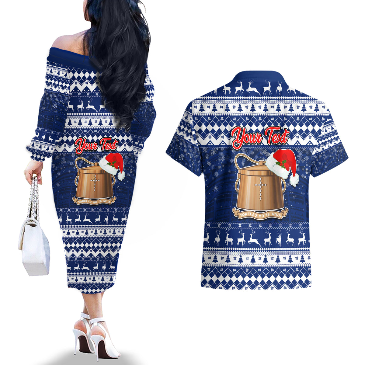 Personalised Tokelau Christmas Couples Matching Off The Shoulder Long Sleeve Dress and Hawaiian Shirt Santa Claus Tokelau Flag and Coat of Arms with Polynesian Pattern LT03 - Polynesian Pride