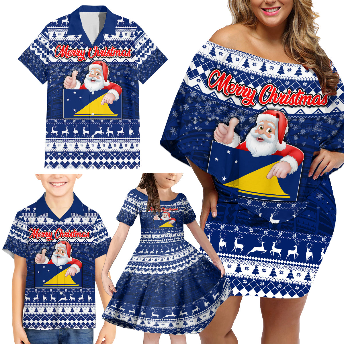 Personalised Tokelau Christmas Family Matching Off Shoulder Short Dress and Hawaiian Shirt Santa Claus Tokelau Flag and Coat of Arms with Polynesian Pattern LT03 - Polynesian Pride