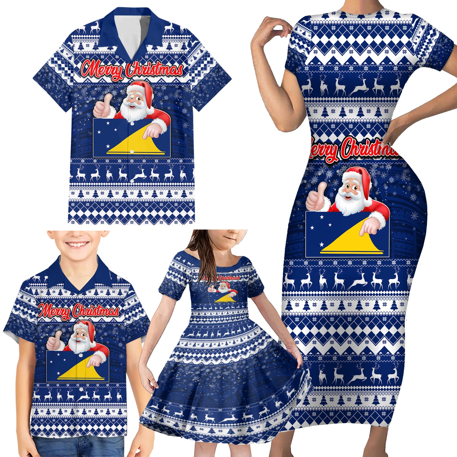 Personalised Tokelau Christmas Family Matching Short Sleeve Bodycon Dress and Hawaiian Shirt Santa Claus Tokelau Flag and Coat of Arms with Polynesian Pattern LT03 - Polynesian Pride