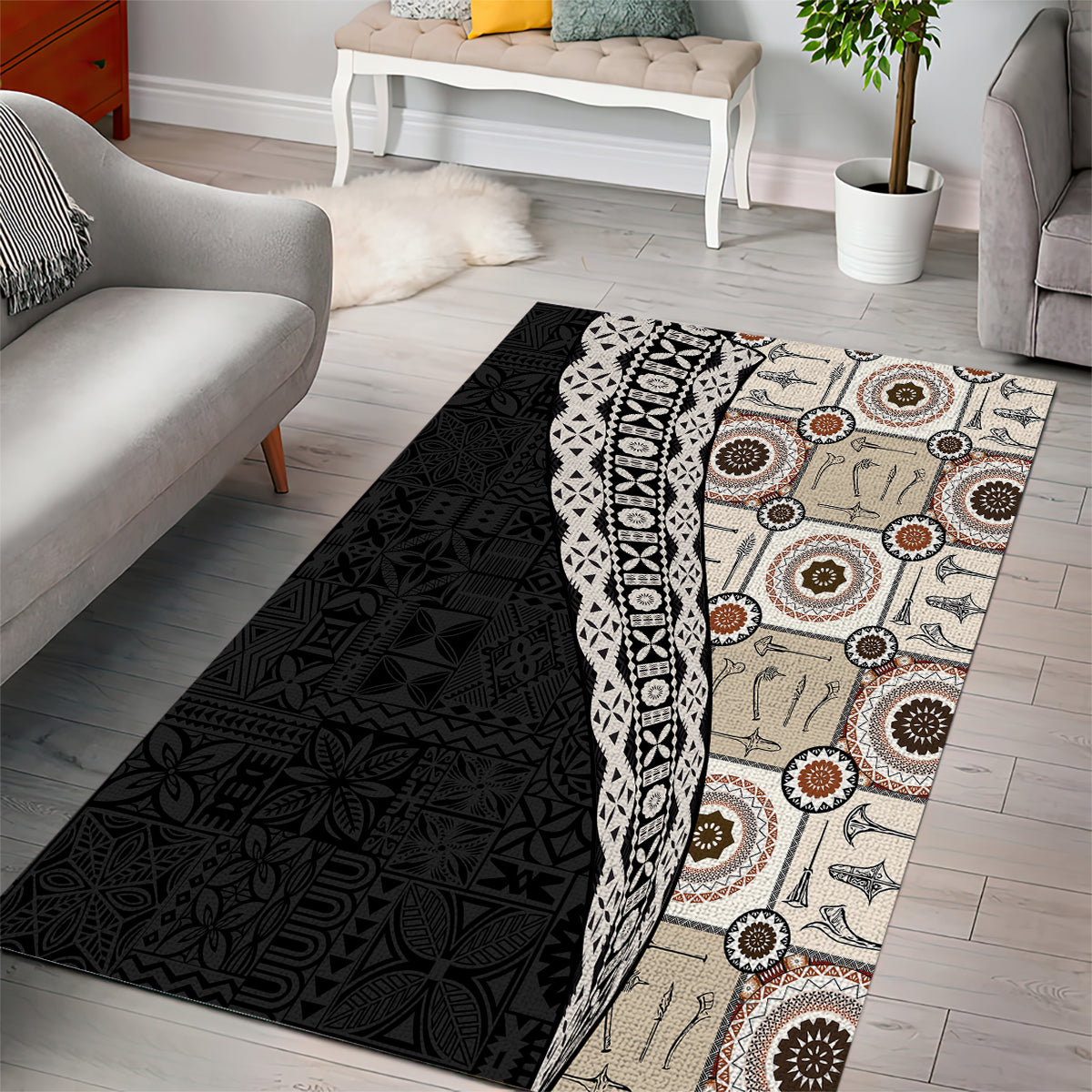 Tukenny Pattern Fijian War Clubs Mix Tapa Tribal Area Rug LT03 - Polynesian Pride