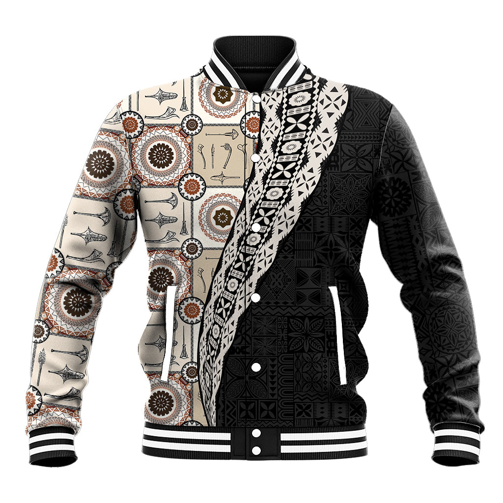 Tukenny Pattern Fijian War Clubs Mix Tapa Tribal Baseball Jacket LT03 Unisex Beige - Polynesian Pride