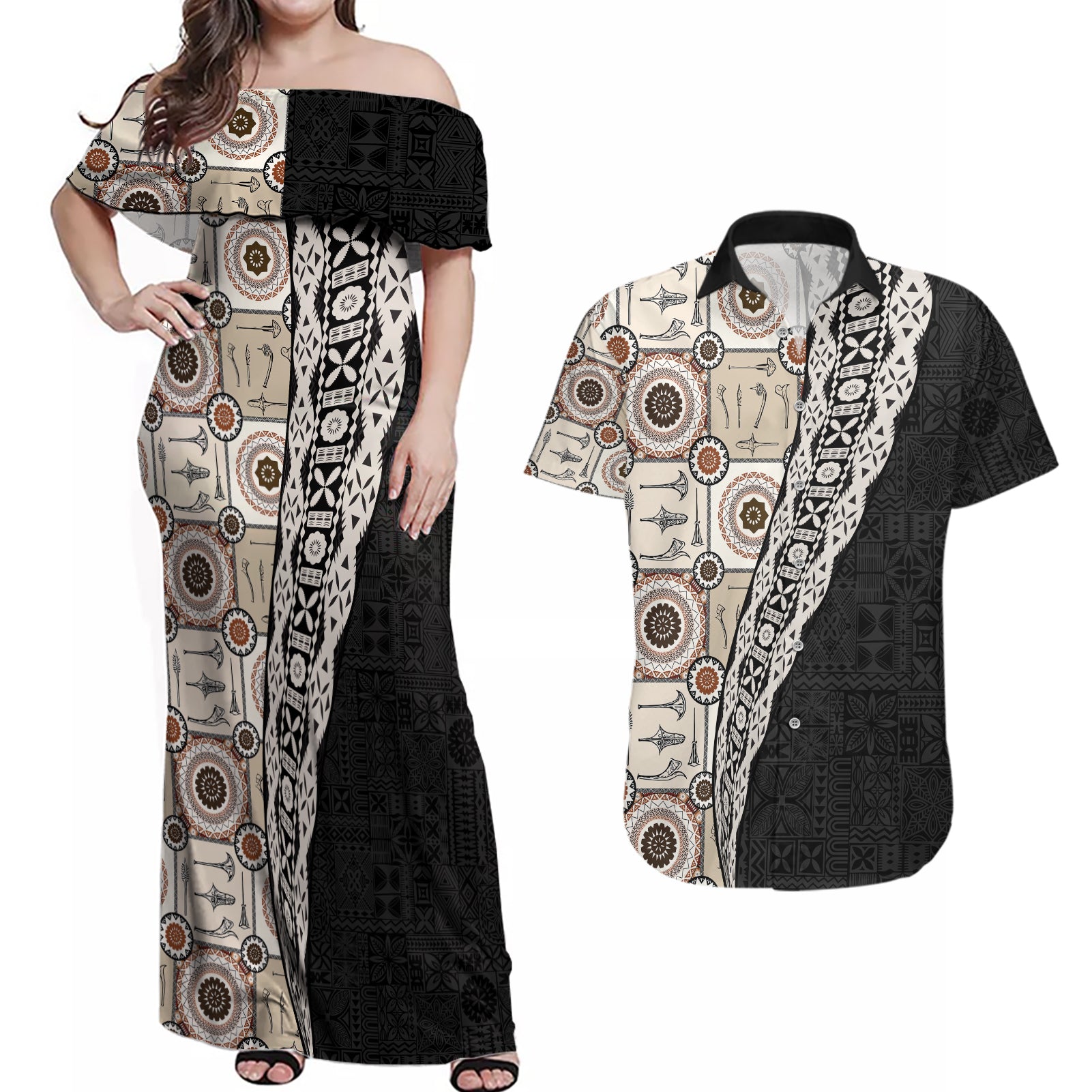 Tukenny Pattern Fijian War Clubs Mix Tapa Tribal Couples Matching Off Shoulder Maxi Dress and Hawaiian Shirt LT03 Beige - Polynesian Pride