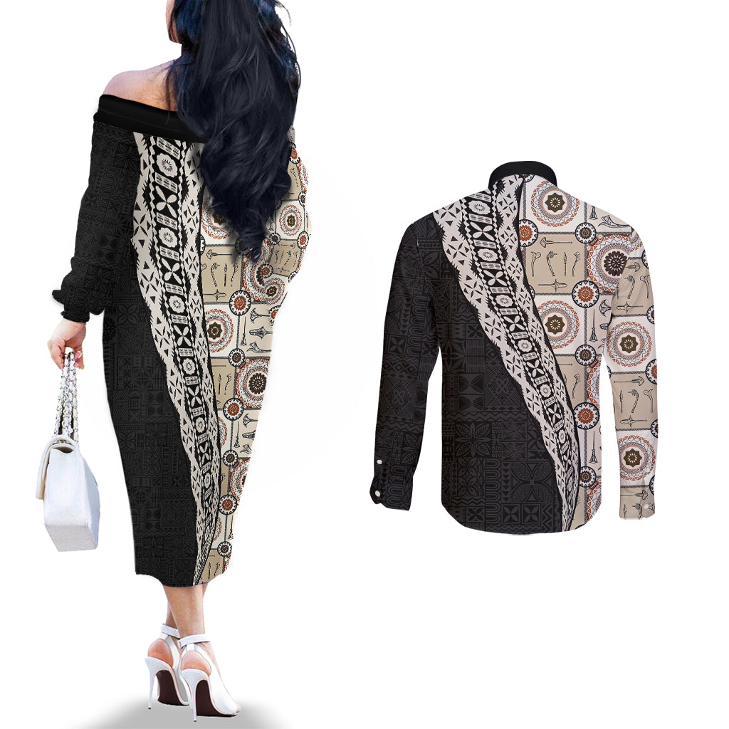 Tukenny Pattern Fijian War Clubs Mix Tapa Tribal Couples Matching Off The Shoulder Long Sleeve Dress and Long Sleeve Button Shirt LT03 - Polynesian Pride