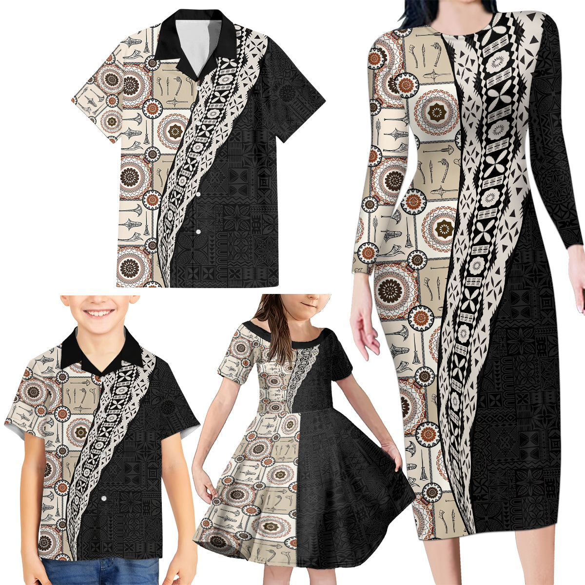 Tukenny Pattern Fijian War Clubs Mix Tapa Tribal Family Matching Long Sleeve Bodycon Dress and Hawaiian Shirt LT03 - Polynesian Pride