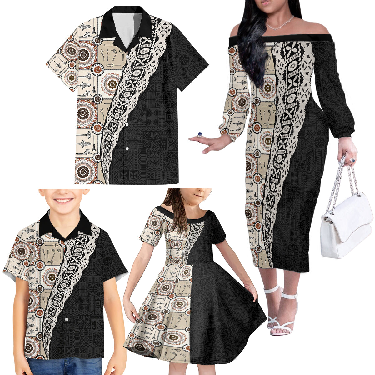 Tukenny Pattern Fijian War Clubs Mix Tapa Tribal Family Matching Off Shoulder Long Sleeve Dress and Hawaiian Shirt LT03 - Polynesian Pride