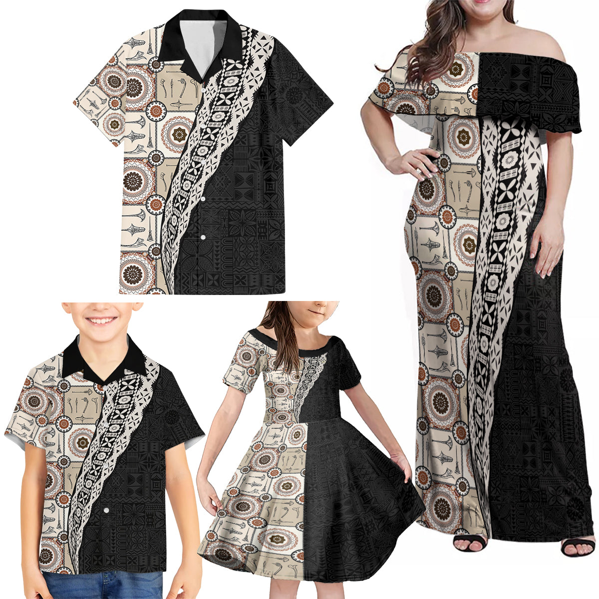 Tukenny Pattern Fijian War Clubs Mix Tapa Tribal Family Matching Off Shoulder Maxi Dress and Hawaiian Shirt LT03 - Polynesian Pride