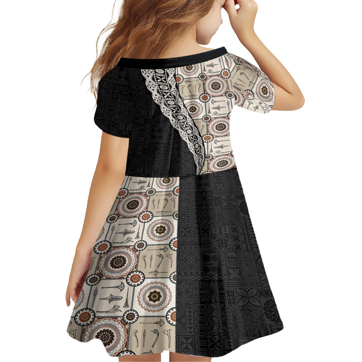 Tukenny Pattern Fijian War Clubs Mix Tapa Tribal Family Matching Short Sleeve Bodycon Dress and Hawaiian Shirt LT03 - Polynesian Pride