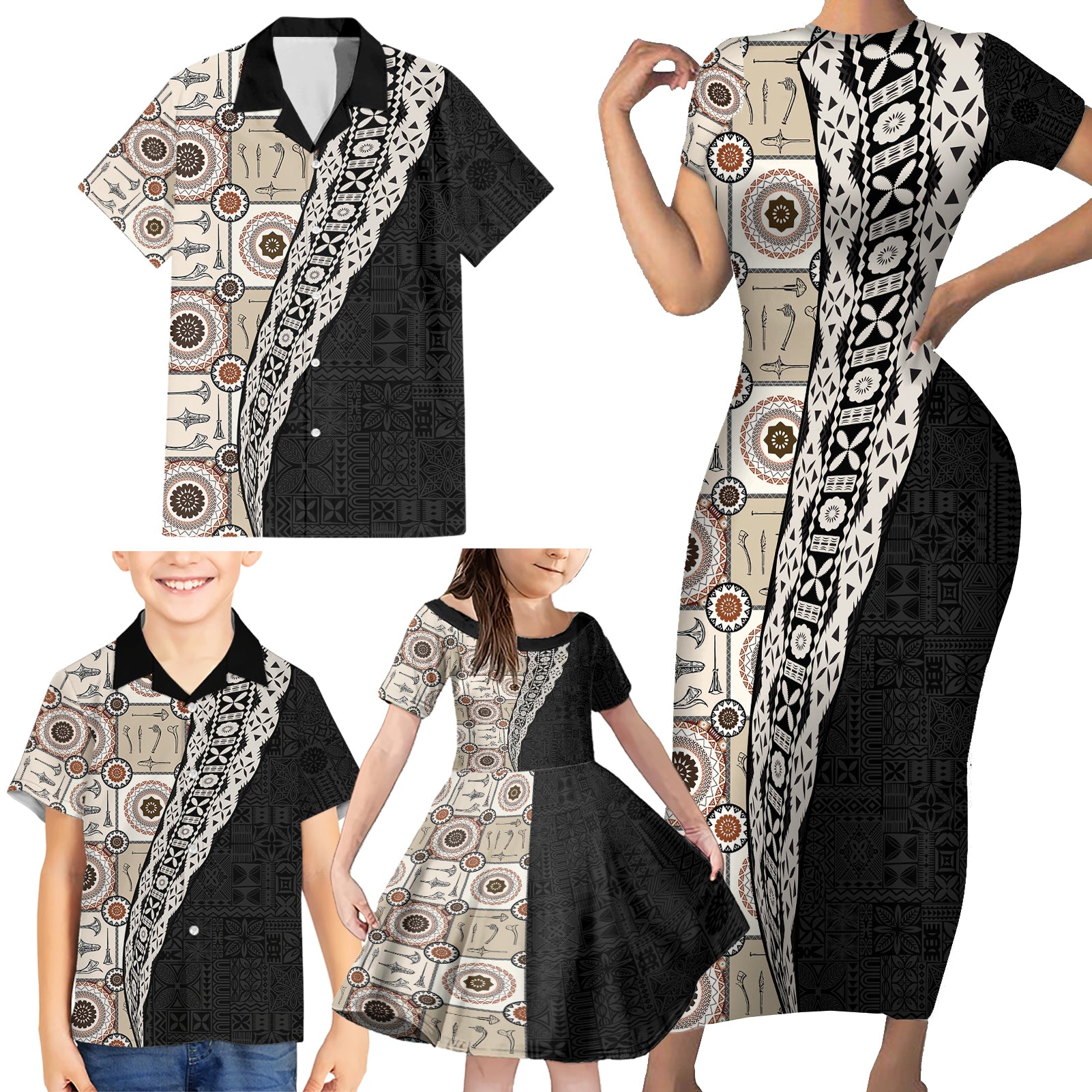 Tukenny Pattern Fijian War Clubs Mix Tapa Tribal Family Matching Short Sleeve Bodycon Dress and Hawaiian Shirt LT03 - Polynesian Pride