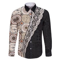 Tukenny Pattern Fijian War Clubs Mix Tapa Tribal Family Matching Short Sleeve Bodycon Dress and Hawaiian Shirt LT03 Dad's Shirt - Long Sleeve Beige - Polynesian Pride