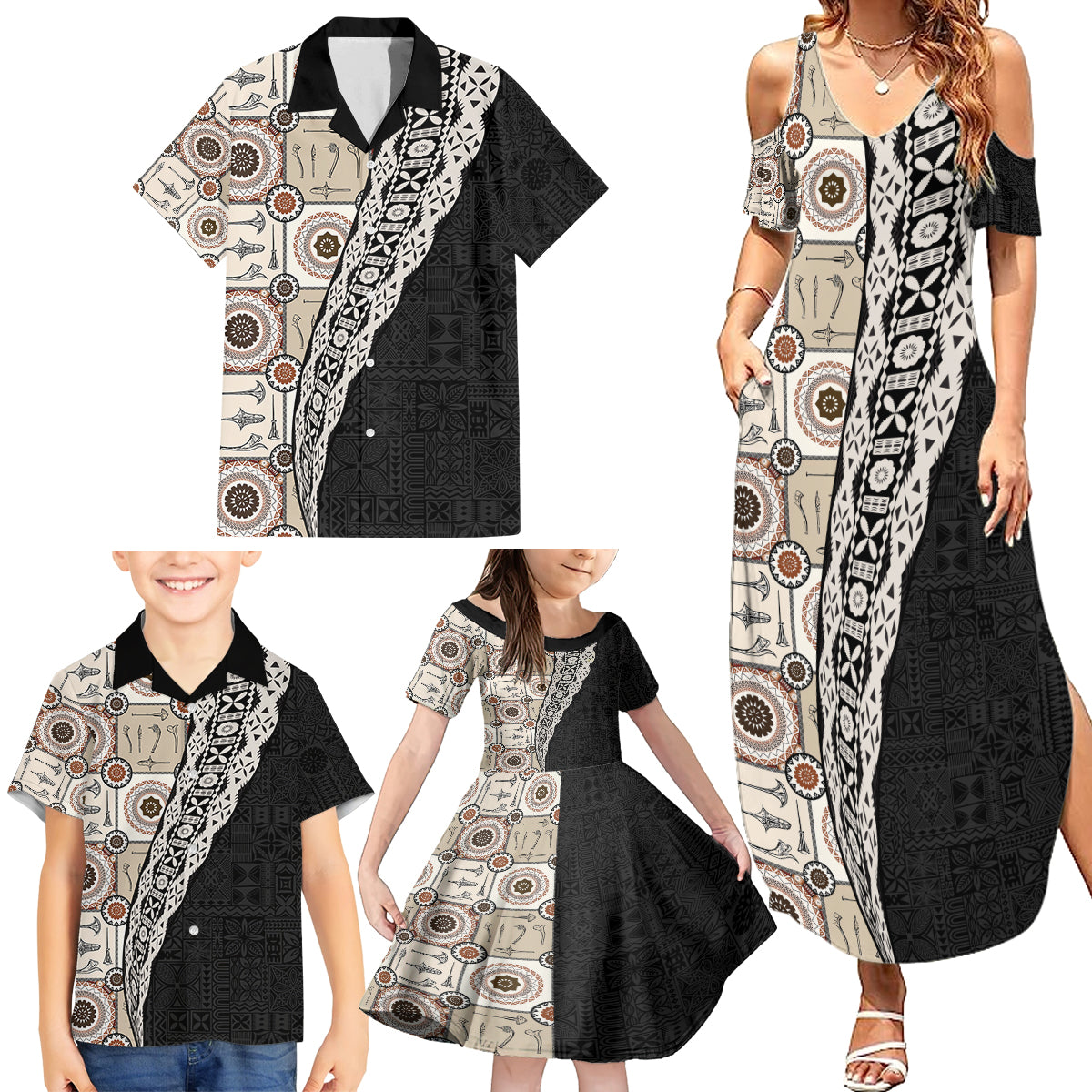 Tukenny Pattern Fijian War Clubs Mix Tapa Tribal Family Matching Summer Maxi Dress and Hawaiian Shirt LT03 - Polynesian Pride