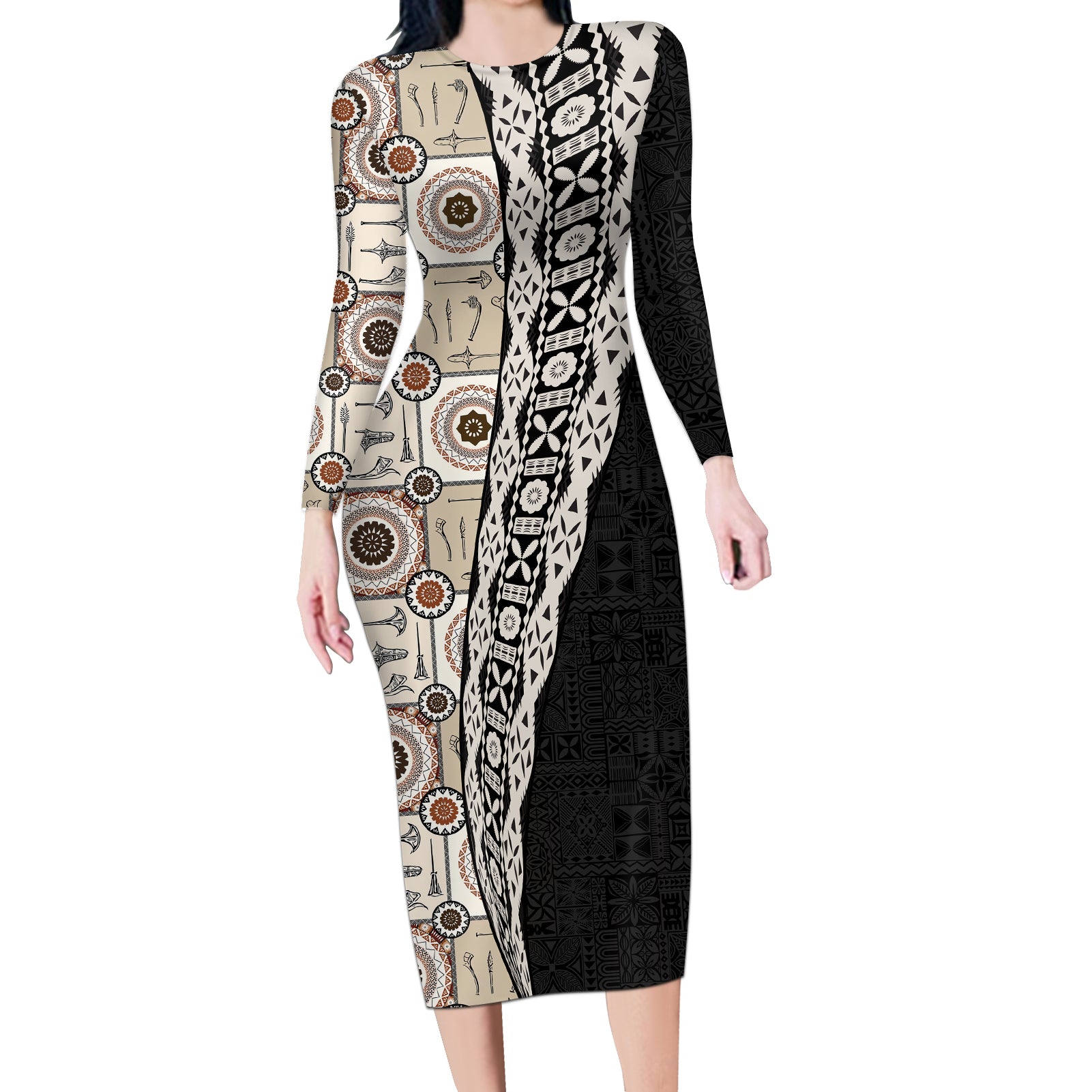 Tukenny Pattern Fijian War Clubs Mix Tapa Tribal Long Sleeve Bodycon Dress LT03 Long Dress Beige - Polynesian Pride