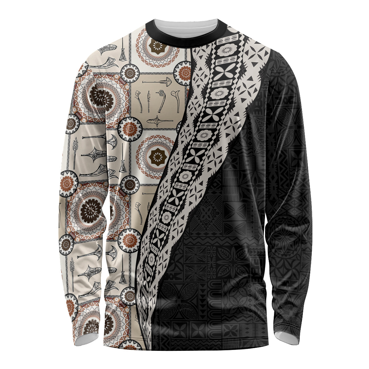 Tukenny Pattern Fijian War Clubs Mix Tapa Tribal Long Sleeve Shirt LT03 Unisex Beige - Polynesian Pride