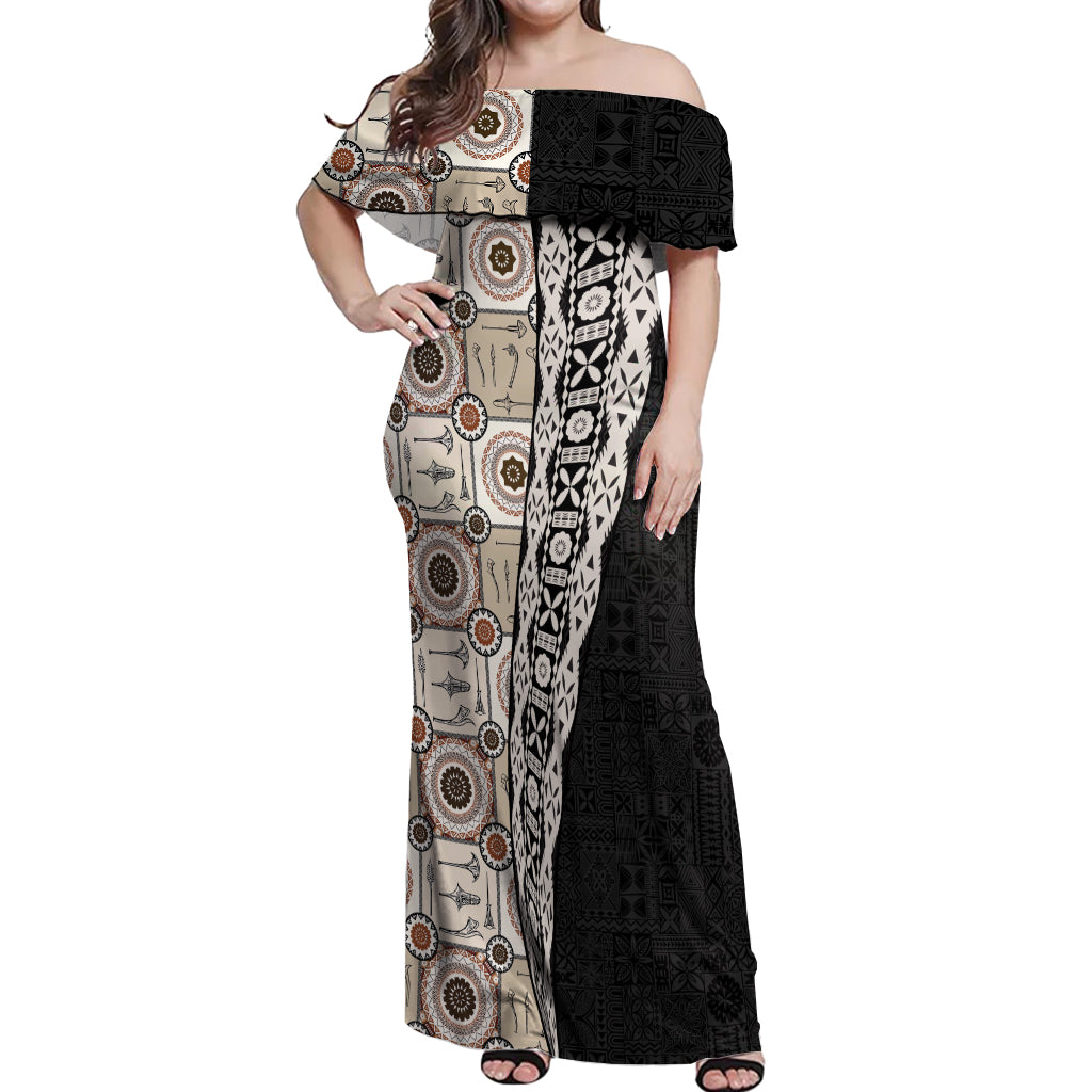 Tukenny Pattern Fijian War Clubs Mix Tapa Tribal Off Shoulder Maxi Dress LT03 Women Beige - Polynesian Pride