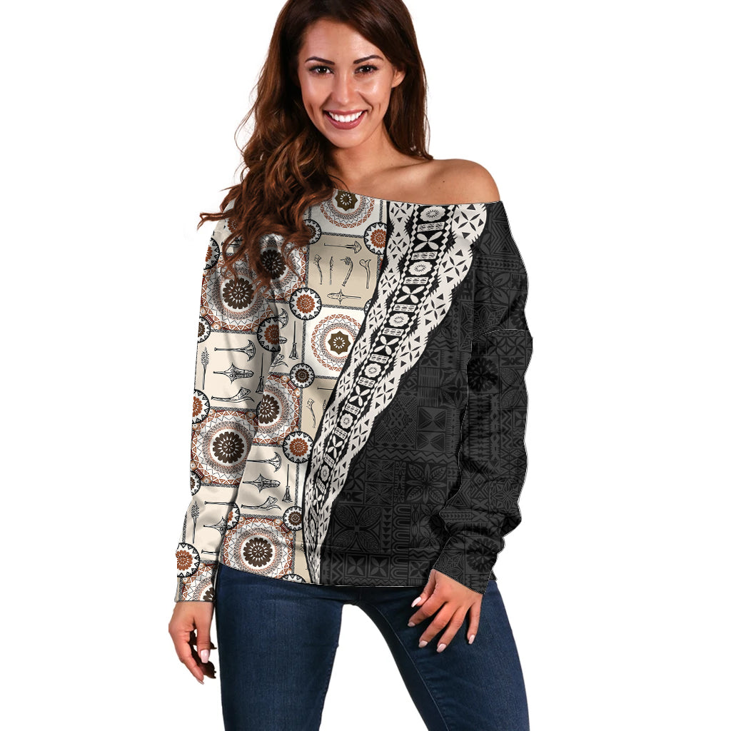 Tukenny Pattern Fijian War Clubs Mix Tapa Tribal Off Shoulder Sweater LT03 Women Beige - Polynesian Pride