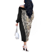 Tukenny Pattern Fijian War Clubs Mix Tapa Tribal Off The Shoulder Long Sleeve Dress LT03 - Polynesian Pride