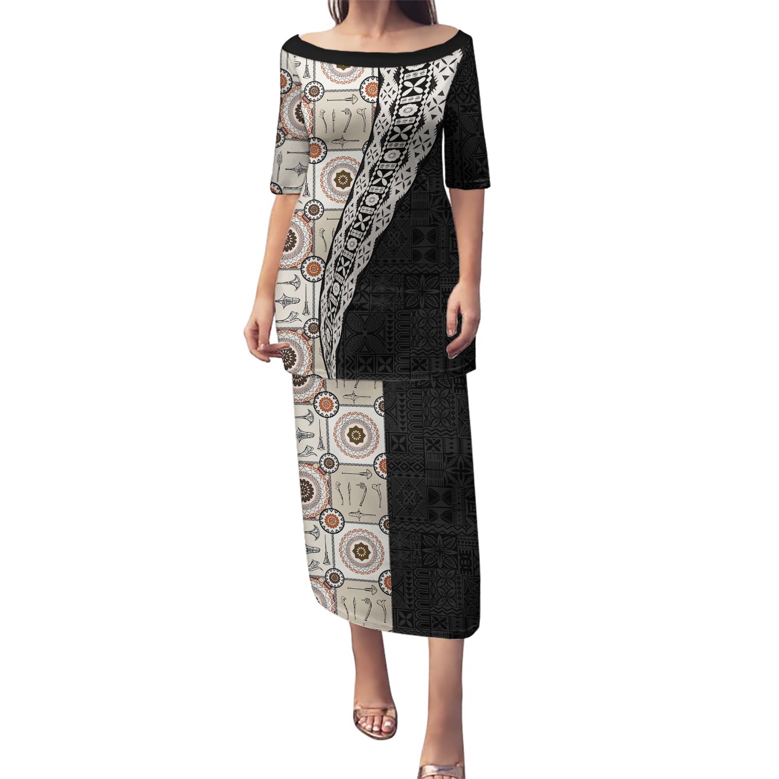 Tukenny Pattern Fijian War Clubs Mix Tapa Tribal Puletasi LT03 Long Dress Beige - Polynesian Pride