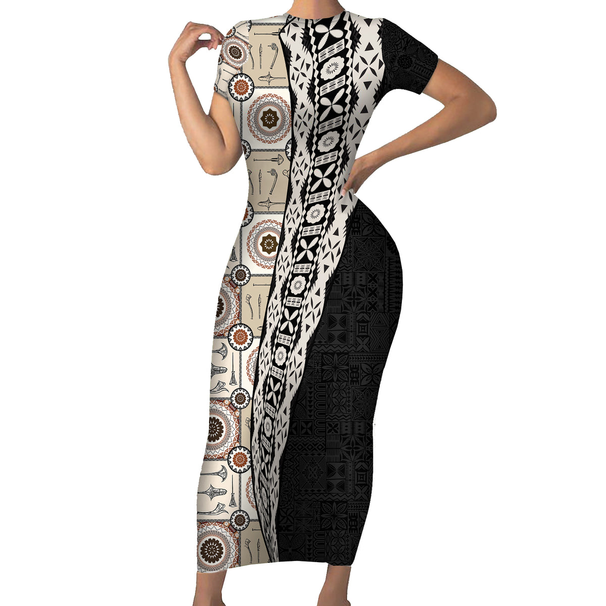 Tukenny Pattern Fijian War Clubs Mix Tapa Tribal Short Sleeve Bodycon Dress LT03 Long Dress Beige - Polynesian Pride