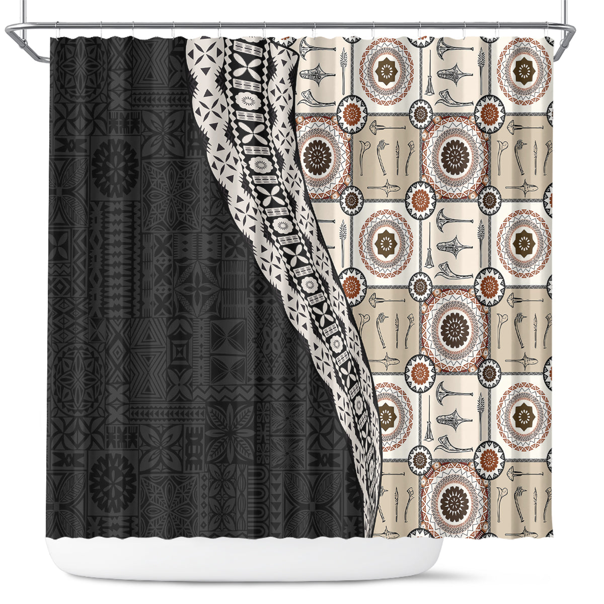 Tukenny Pattern Fijian War Clubs Mix Tapa Tribal Shower Curtain LT03 Beige - Polynesian Pride