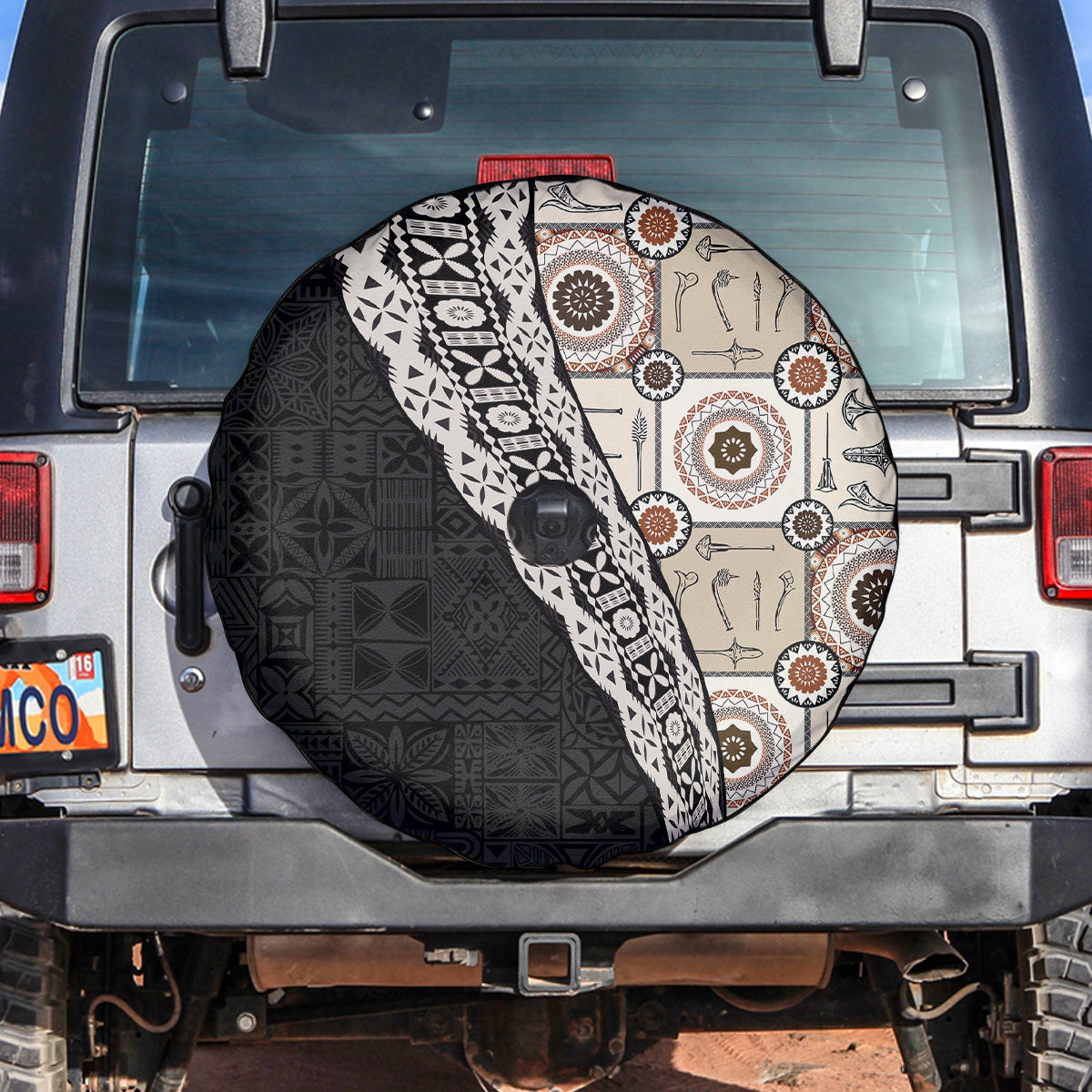 Tukenny Pattern Fijian War Clubs Mix Tapa Tribal Spare Tire Cover LT03 Beige - Polynesian Pride