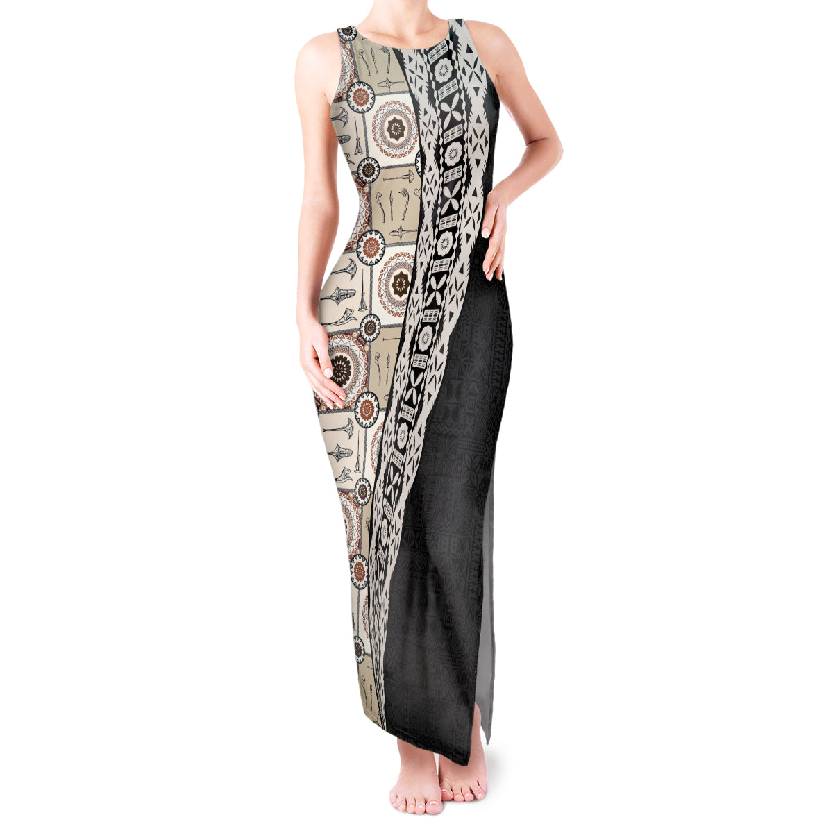 Tukenny Pattern Fijian War Clubs Mix Tapa Tribal Tank Maxi Dress LT03 Women Beige - Polynesian Pride