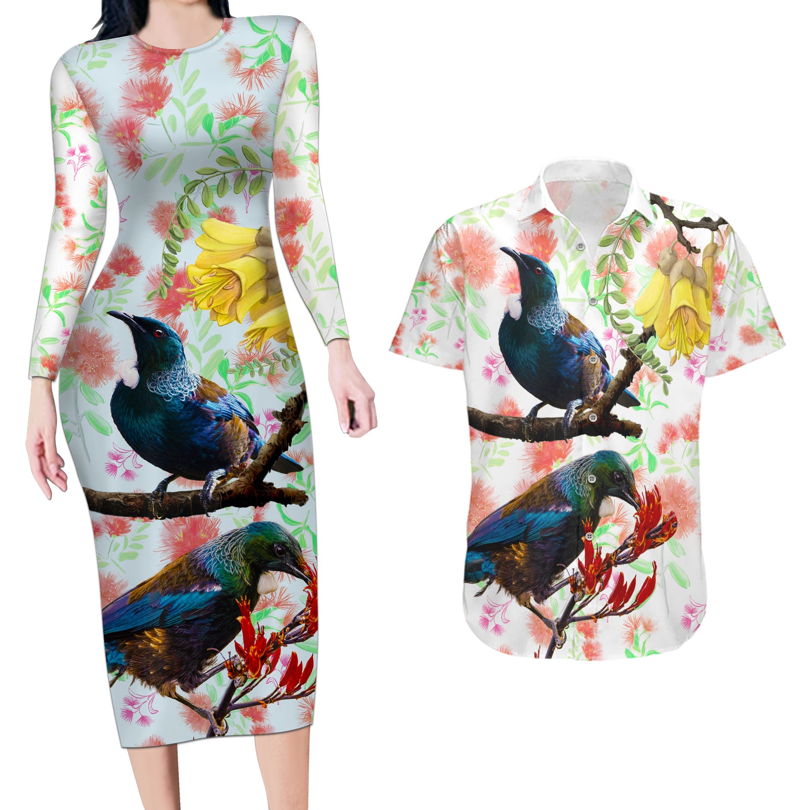 New Zealand Pohutukawa Tui Bird Couples Matching Long Sleeve Bodycon Dress and Hawaiian Shirt Kowhai Version LT03 White - Polynesian Pride