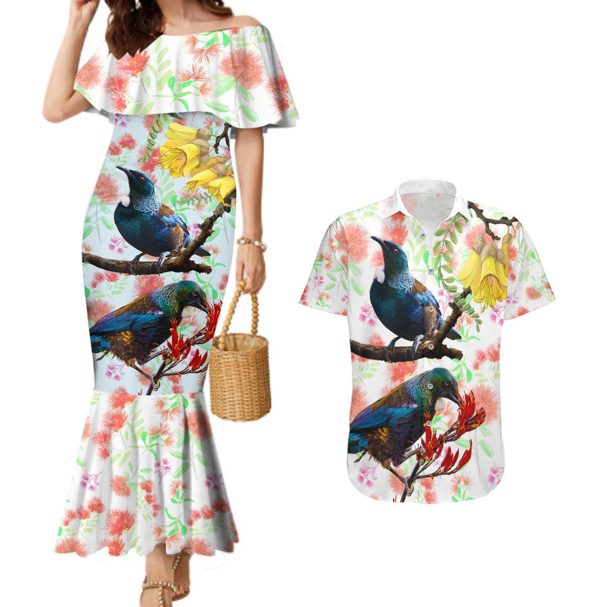 New Zealand Pohutukawa Tui Bird Couples Matching Mermaid Dress and Hawaiian Shirt Kowhai Version LT03 White - Polynesian Pride