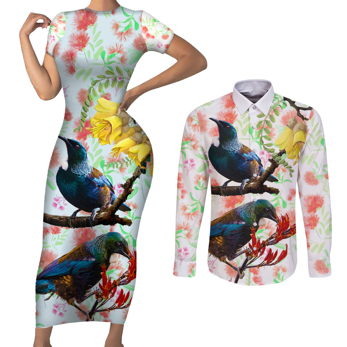 New Zealand Pohutukawa Tui Bird Couples Matching Short Sleeve Bodycon Dress and Long Sleeve Button Shirt Kowhai Version LT03 White - Polynesian Pride