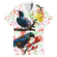 New Zealand Pohutukawa Tui Bird Family Matching Long Sleeve Bodycon Dress and Hawaiian Shirt Kowhai Version LT03 Dad's Shirt - Short Sleeve White - Polynesian Pride