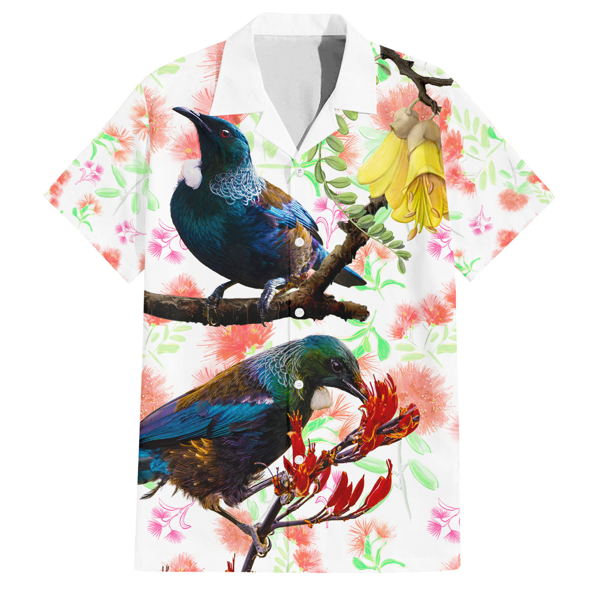 New Zealand Pohutukawa Tui Bird Family Matching Off Shoulder Long Sleeve Dress and Hawaiian Shirt Kowhai Version LT03 Dad's Shirt - Short Sleeve White - Polynesian Pride