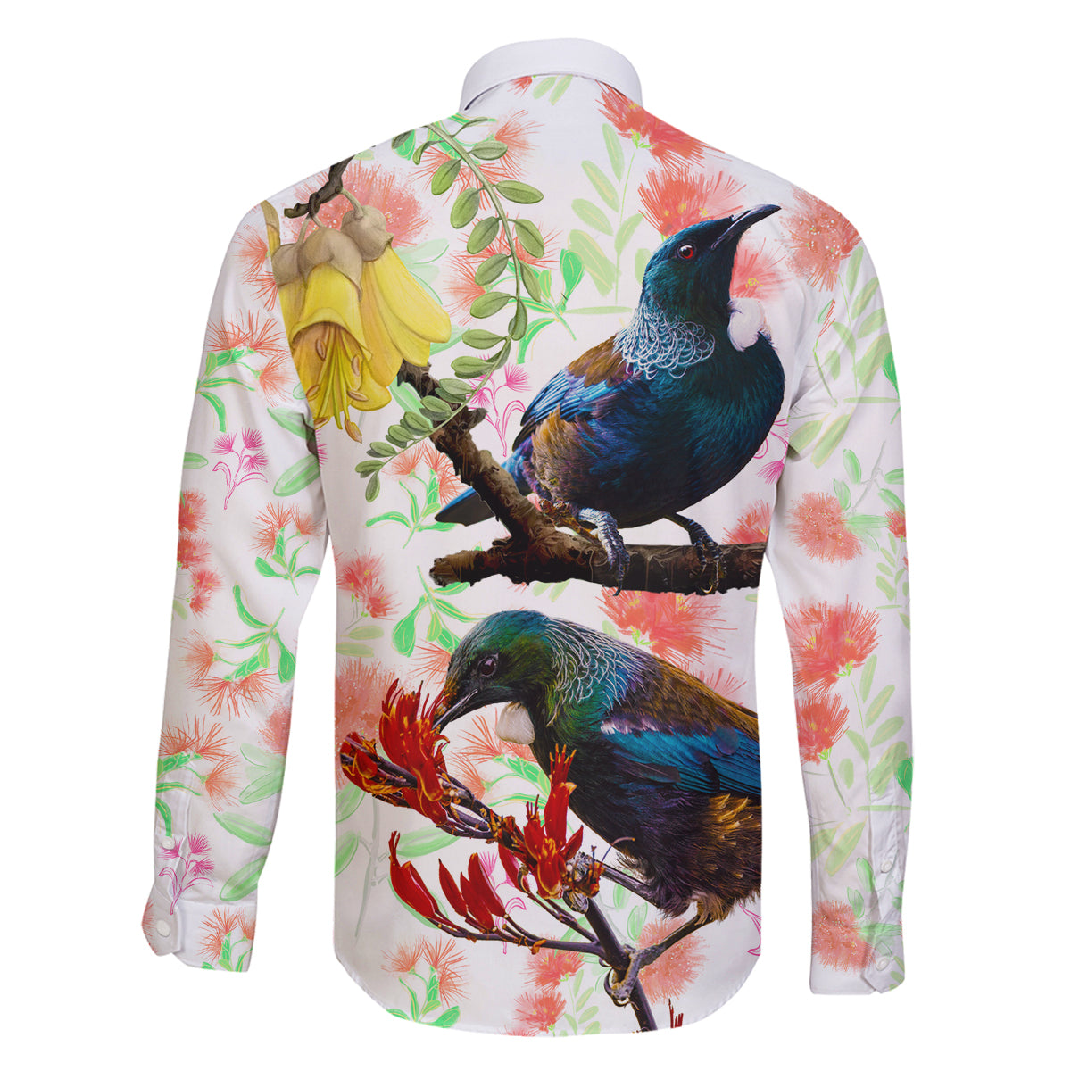 New Zealand Pohutukawa Tui Bird Family Matching Off Shoulder Long Sleeve Dress and Hawaiian Shirt Kowhai Version LT03 - Polynesian Pride