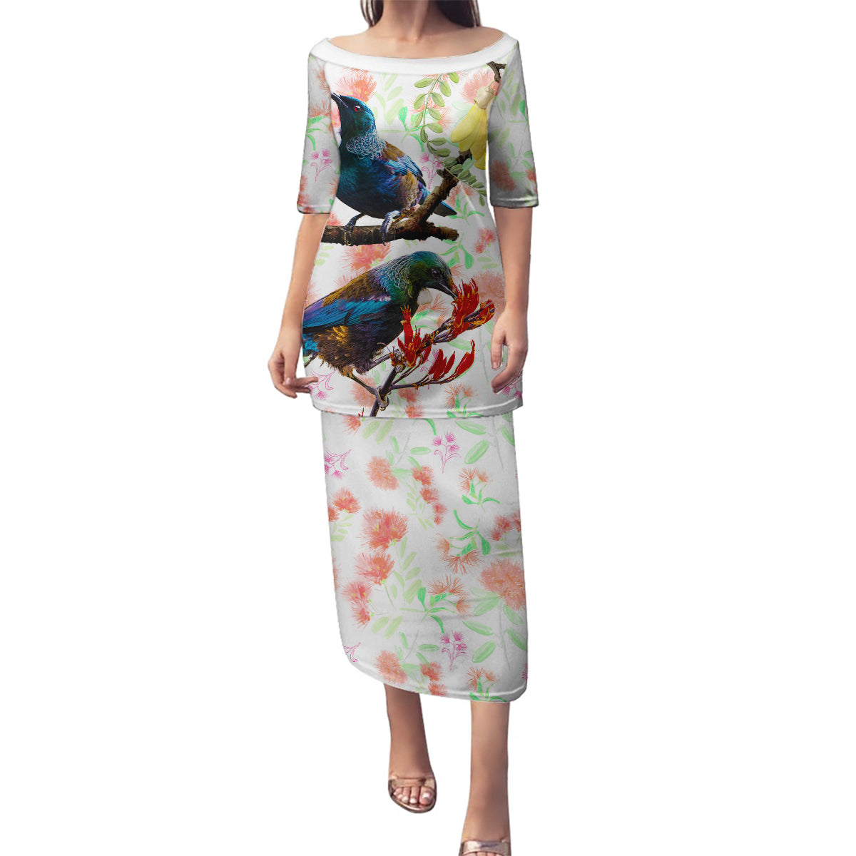 New Zealand Pohutukawa Tui Bird Family Matching Puletasi and Hawaiian Shirt Kowhai Version LT03 Mom's Dress White - Polynesian Pride
